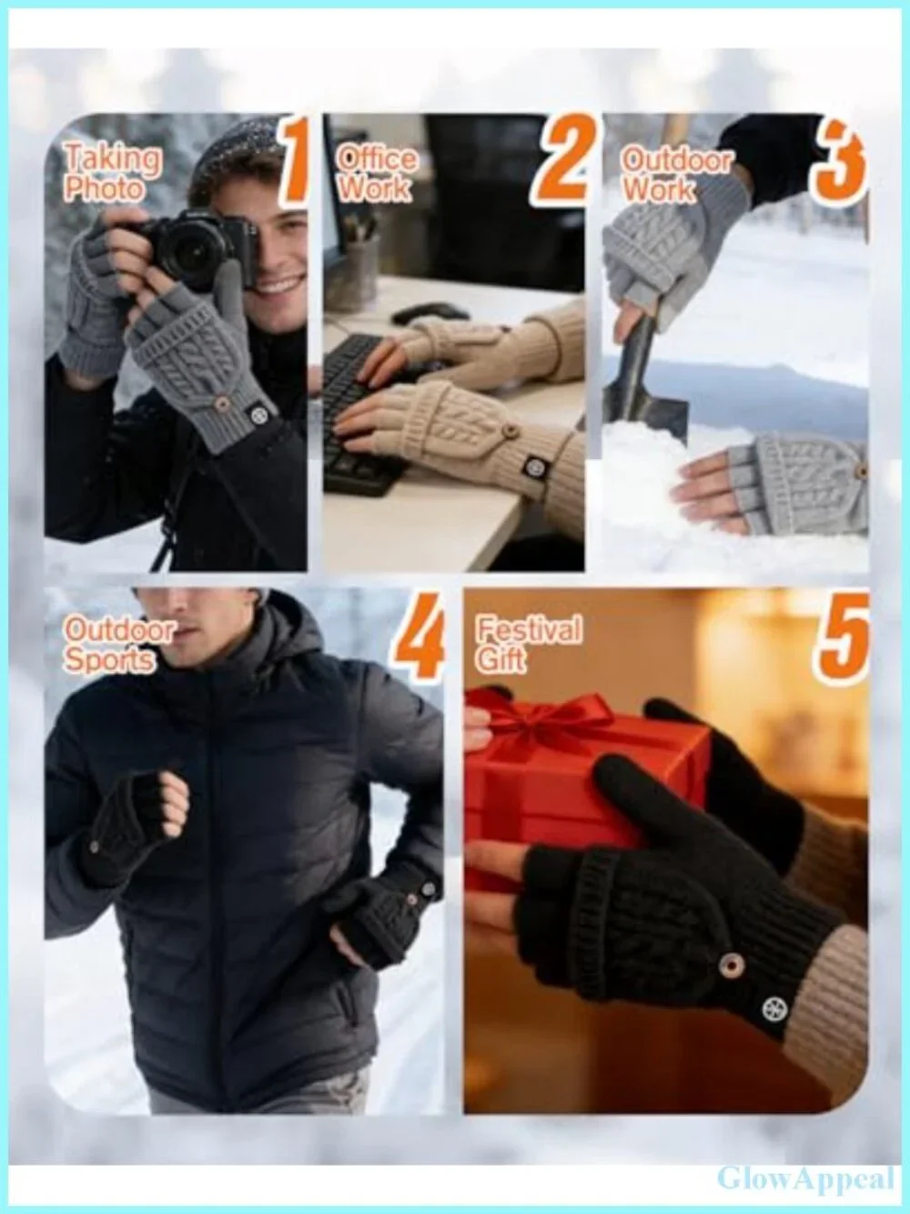 Winter Fingerless Gloves Warm Knitted Convertible Mittens Flap Touchscreen